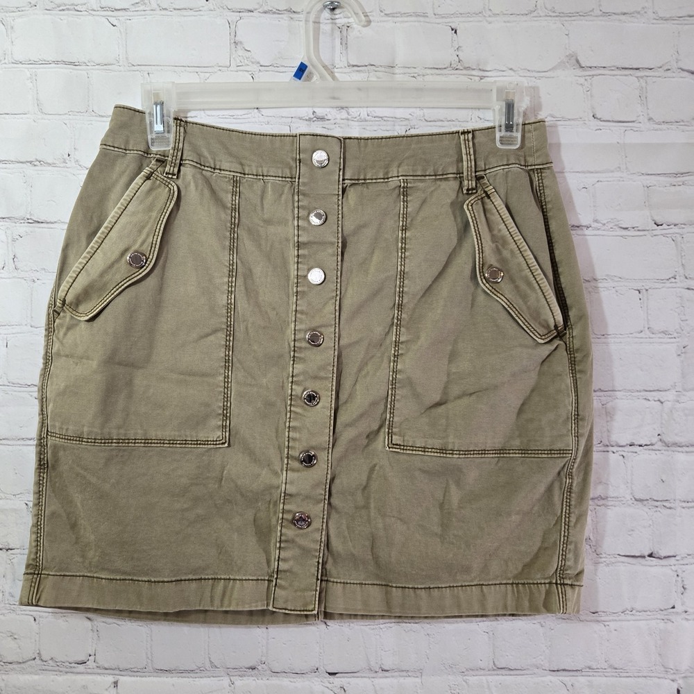 White House Black Market Mini Skirt 10 Green Khaki Button Up Utility Military